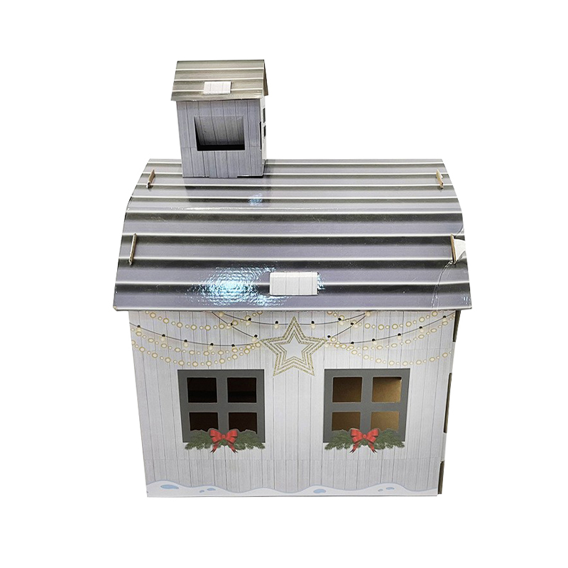 CW3017 Christmas Decorated Cabin Cardboard Cat House With Chimney Exit