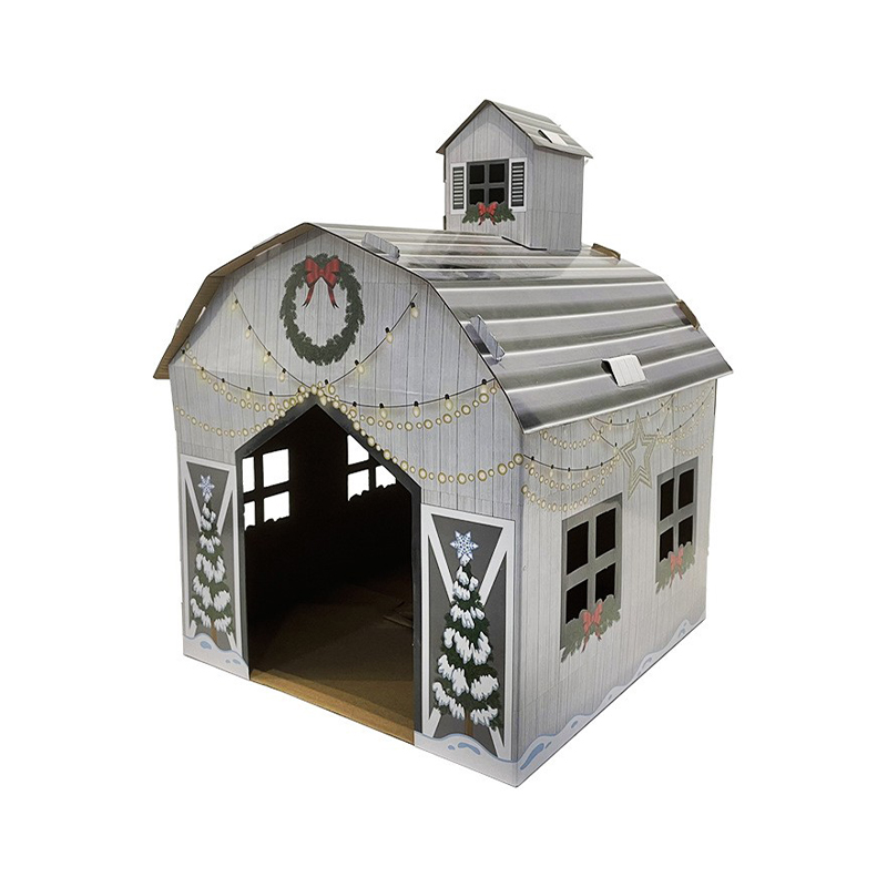 CW3017 Christmas Decorated Cabin Cardboard Cat House With Chimney Exit