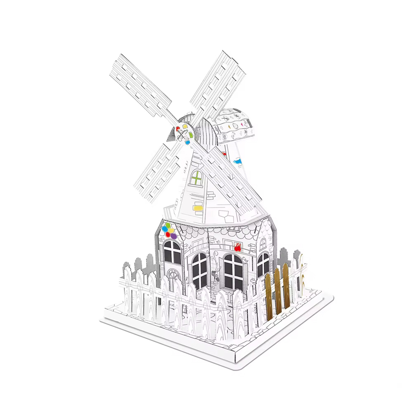 BF20990 Kids 3D DIY Cardboard Doodle Coloring Dutch Windmill Toy